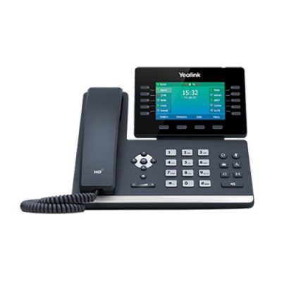 Yealink T54W IP phone with a large color touchscreen display, multiple programmable buttons, and a sleek, modern design for enhanced office communication.